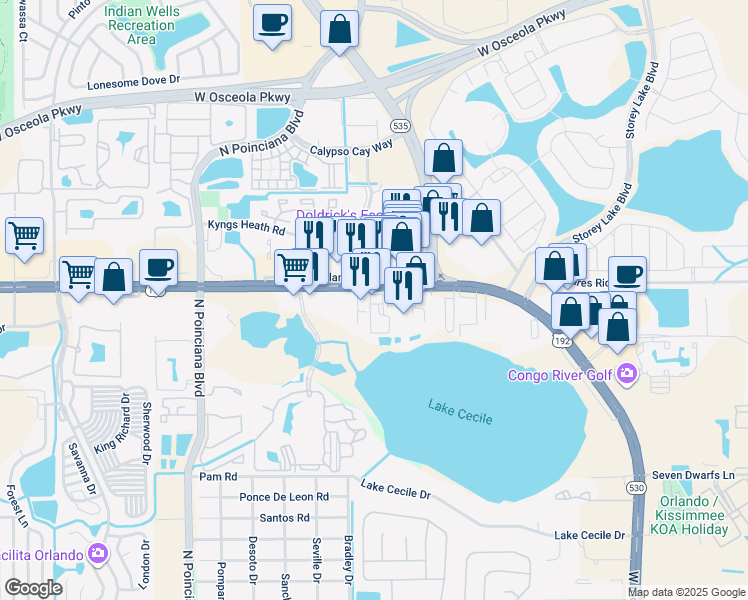 map of restaurants, bars, coffee shops, grocery stores, and more near 4960 U.S. 192 in Kissimmee