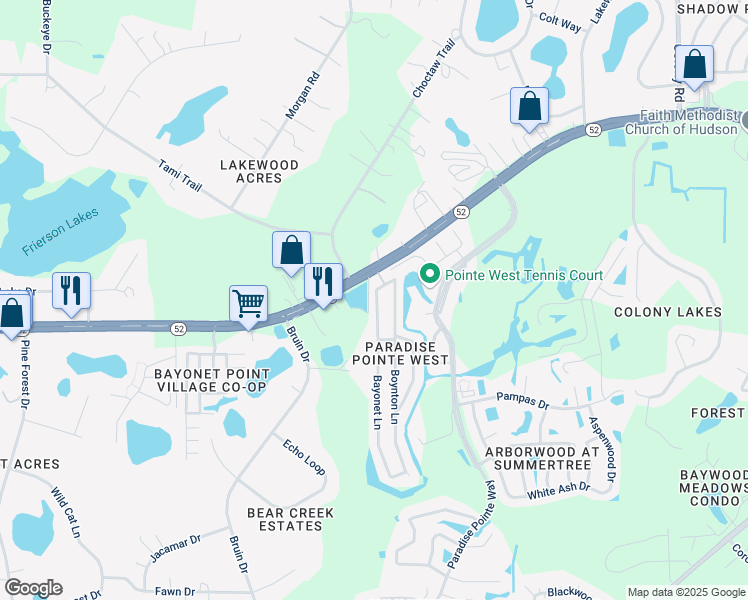 map of restaurants, bars, coffee shops, grocery stores, and more near 12025 Bayonet Lane in New Port Richey