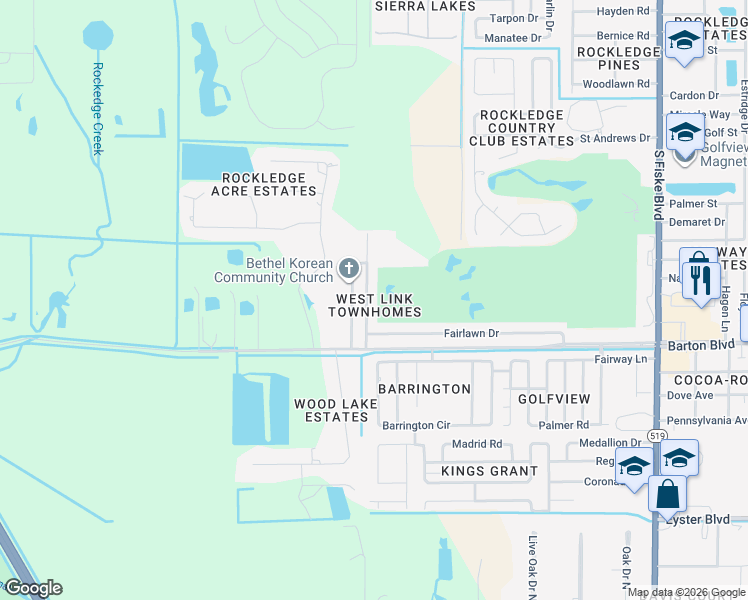 map of restaurants, bars, coffee shops, grocery stores, and more near 1656 Woodland Drive in Rockledge