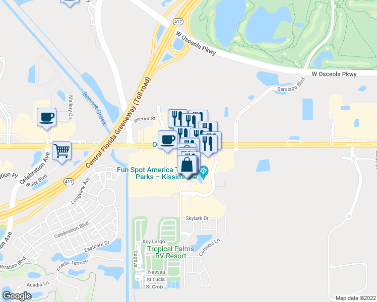 map of restaurants, bars, coffee shops, grocery stores, and more near 5770 West Irlo Bronson Memorial Highway in Kissimmee