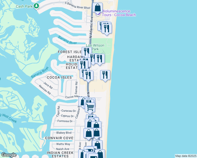 map of restaurants, bars, coffee shops, grocery stores, and more near 1000 North Atlantic Avenue in Cocoa Beach