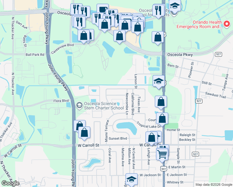 map of restaurants, bars, coffee shops, grocery stores, and more near 550 Cadillac Boulevard in Kissimmee