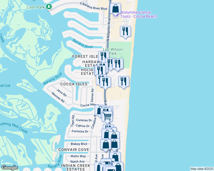 map of restaurants, bars, coffee shops, grocery stores, and more near 1000 North Atlantic Avenue in Cocoa Beach