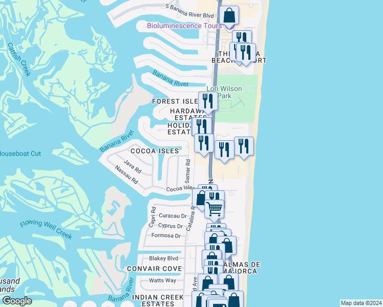 map of restaurants, bars, coffee shops, grocery stores, and more near 1004 Samar Road in Cocoa Beach