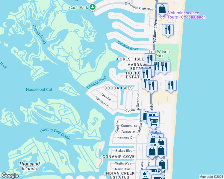 map of restaurants, bars, coffee shops, grocery stores, and more near 633 Bermuda Road in Cocoa Beach