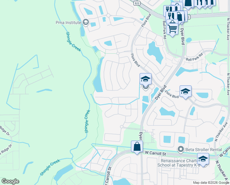 map of restaurants, bars, coffee shops, grocery stores, and more near 3837 Mount Vernon Way in Kissimmee