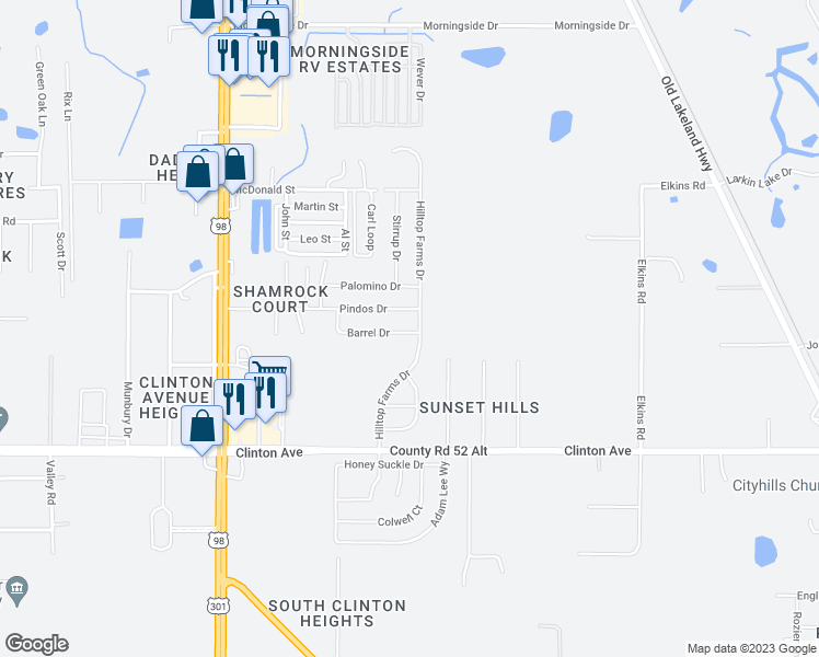 map of restaurants, bars, coffee shops, grocery stores, and more near 38434 Barrel Drive in Dade City