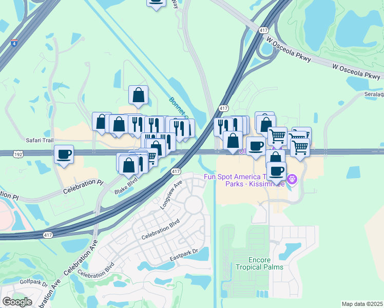 map of restaurants, bars, coffee shops, grocery stores, and more near Florida 417 Toll in Kissimmee