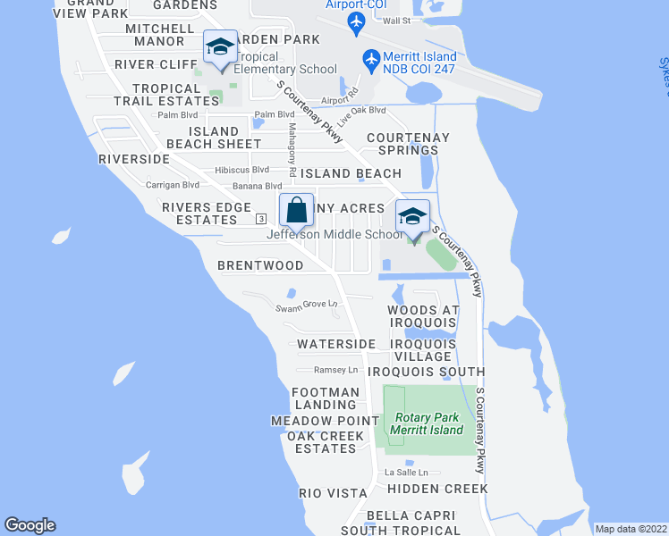 map of restaurants, bars, coffee shops, grocery stores, and more near 1409 Gary Drive in Merritt Island