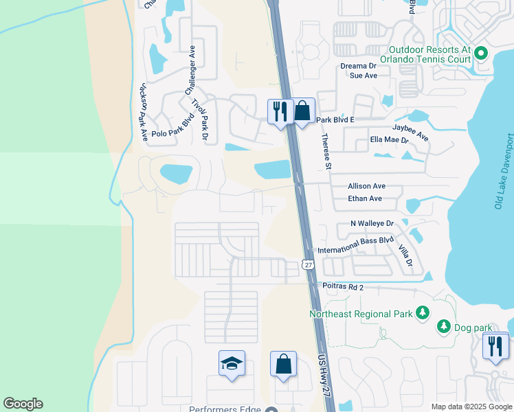 map of restaurants, bars, coffee shops, grocery stores, and more near 406 Washington Palm Loop in Davenport