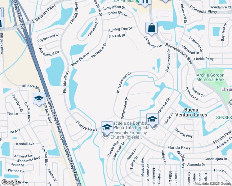 map of restaurants, bars, coffee shops, grocery stores, and more near 136 West Cedarwood Circle in Kissimmee