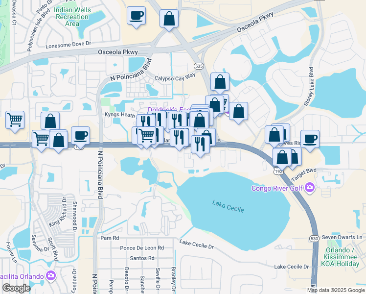 map of restaurants, bars, coffee shops, grocery stores, and more near 2830 Pine Haven Drive in Kissimmee