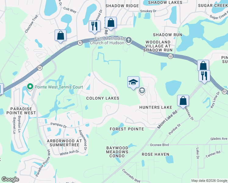 map of restaurants, bars, coffee shops, grocery stores, and more near 12106 Colony Lakes Boulevard in New Port Richey