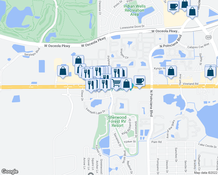 map of restaurants, bars, coffee shops, grocery stores, and more near 5305 West Irlo Bronson Memorial Highway in Kissimmee