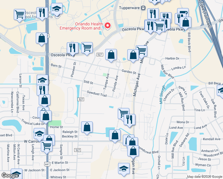 map of restaurants, bars, coffee shops, grocery stores, and more near 2911 Tampa Avenue in Kissimmee