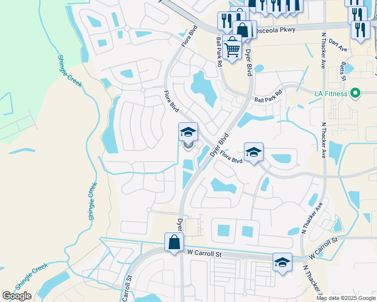 map of restaurants, bars, coffee shops, grocery stores, and more near 2900 Dyer Boulevard in Kissimmee