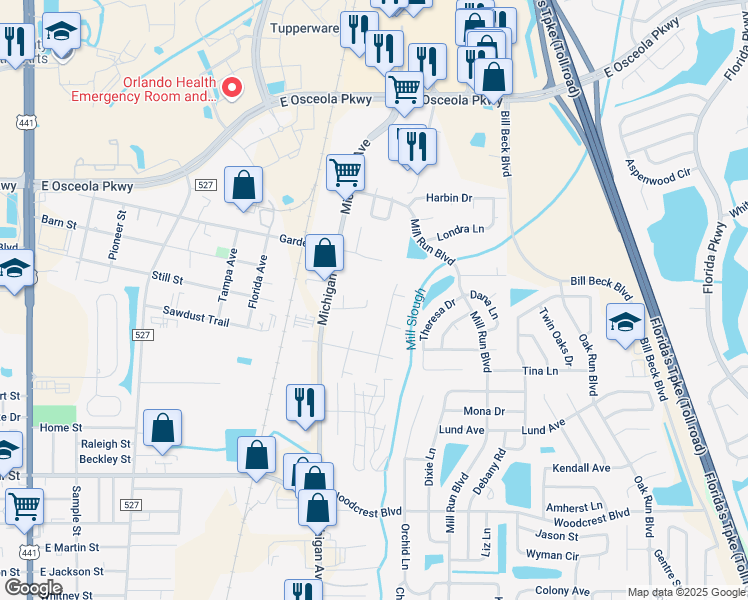 map of restaurants, bars, coffee shops, grocery stores, and more near 1334 Oak Grove Court in Kissimmee
