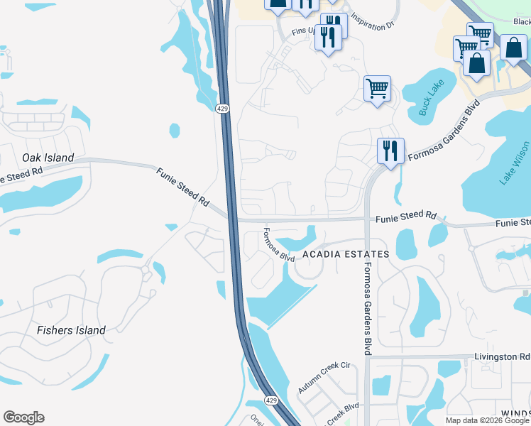 map of restaurants, bars, coffee shops, grocery stores, and more near Funie Steed Rd in Kissimmee