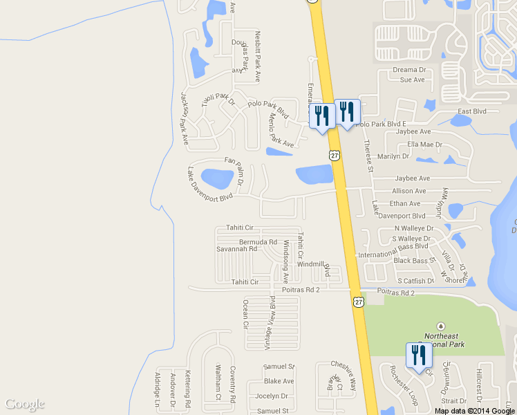 map of restaurants, bars, coffee shops, grocery stores, and more near 103 Coconut Palm Way in Davenport
