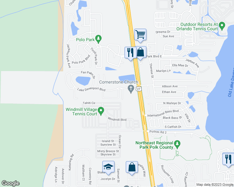 map of restaurants, bars, coffee shops, grocery stores, and more near 213 Washington Palm Loop in Davenport