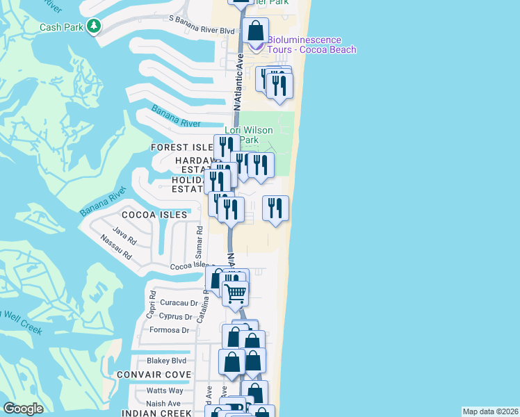 map of restaurants, bars, coffee shops, grocery stores, and more near 1300 North Atlantic Avenue in Cocoa Beach