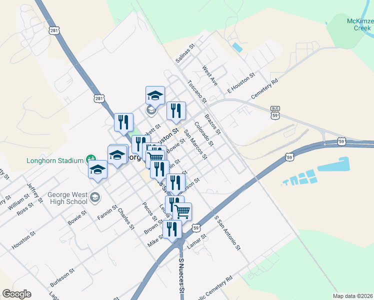 map of restaurants, bars, coffee shops, grocery stores, and more near 305 Bowie Street in George West