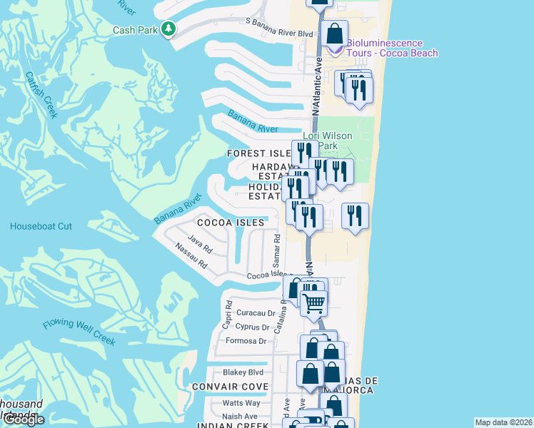 map of restaurants, bars, coffee shops, grocery stores, and more near 1074 Samar Road in Cocoa Beach