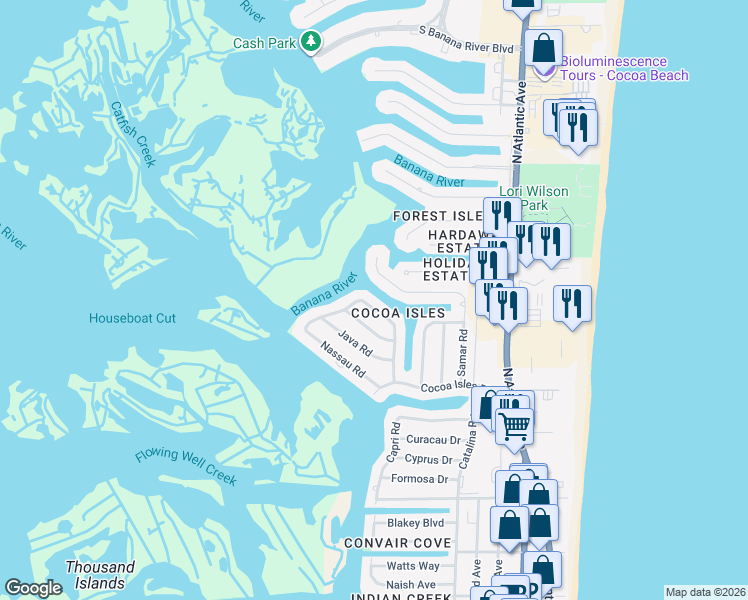 map of restaurants, bars, coffee shops, grocery stores, and more near 1185 Samar Road in Cocoa Beach