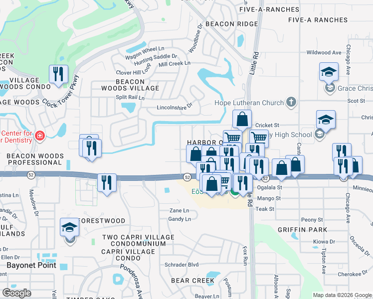 map of restaurants, bars, coffee shops, grocery stores, and more near 8621 Allamanda Street in Bayonet Point