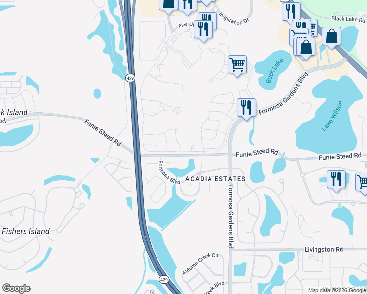 map of restaurants, bars, coffee shops, grocery stores, and more near 8051 White Crane Court in Kissimmee