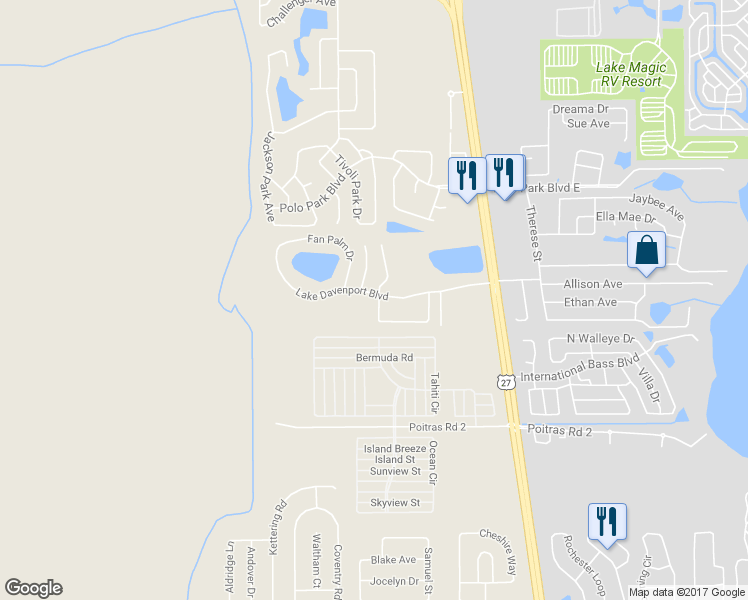 map of restaurants, bars, coffee shops, grocery stores, and more near 1324 Washington Palm Loop in Davenport