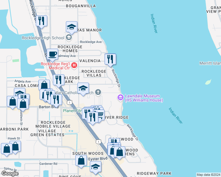 map of restaurants, bars, coffee shops, grocery stores, and more near 27 Barton Avenue in Rockledge