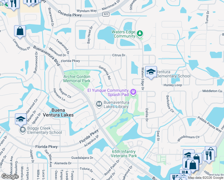 map of restaurants, bars, coffee shops, grocery stores, and more near 286 Gardenia Road in Kissimmee