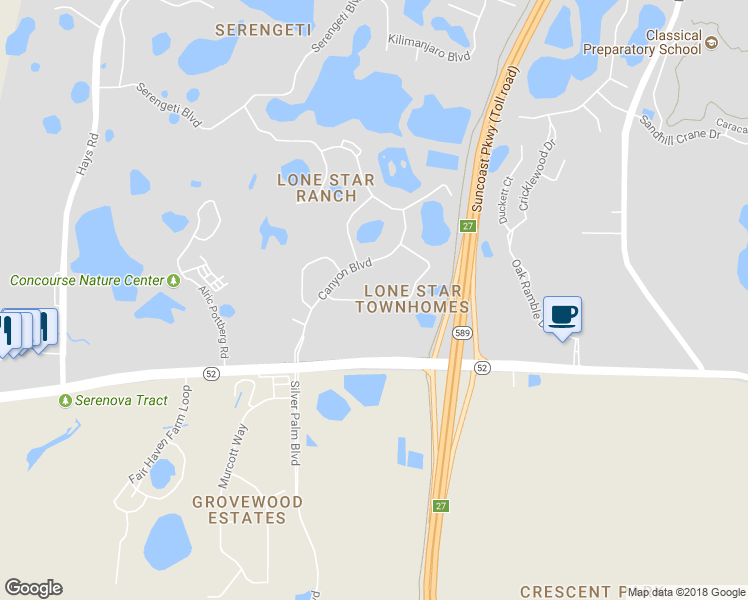 map of restaurants, bars, coffee shops, grocery stores, and more near 15729 Stable Run Drive in Spring Hill
