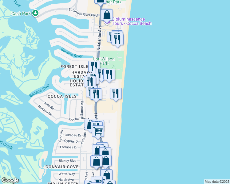 map of restaurants, bars, coffee shops, grocery stores, and more near 1300 North Atlantic Avenue in Cocoa Beach