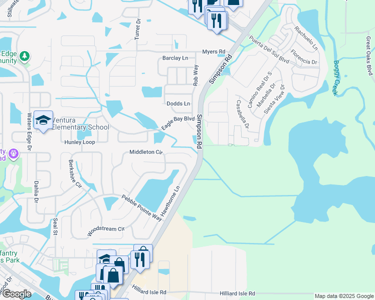 map of restaurants, bars, coffee shops, grocery stores, and more near 2715 Rismen Court in Kissimmee