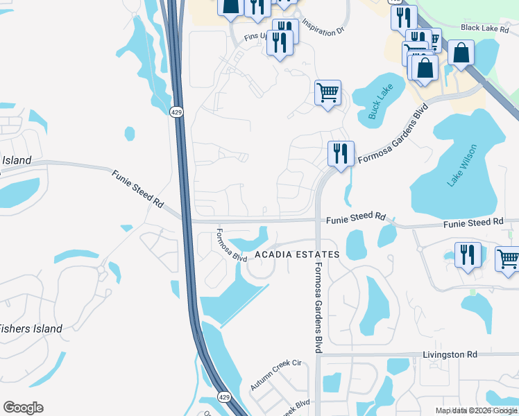 map of restaurants, bars, coffee shops, grocery stores, and more near 8051 White Crane Court in Kissimmee