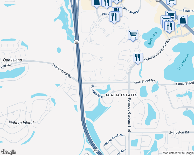 map of restaurants, bars, coffee shops, grocery stores, and more near Funie Steed Road in Kissimmee