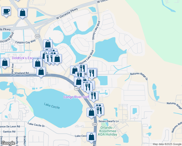 map of restaurants, bars, coffee shops, grocery stores, and more near 4664 Tribute Trail in Kissimmee