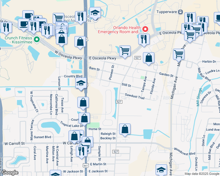 map of restaurants, bars, coffee shops, grocery stores, and more near 572 Woodland Creek Boulevard in Kissimmee