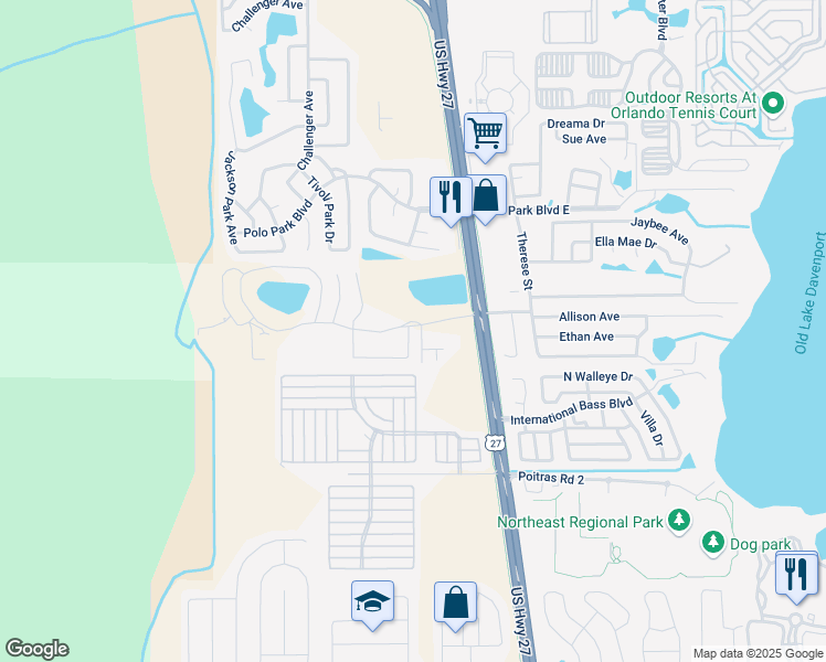 map of restaurants, bars, coffee shops, grocery stores, and more near 100 Washington Palm Loop in Davenport