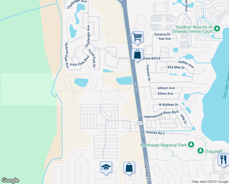 map of restaurants, bars, coffee shops, grocery stores, and more near 101 Washington Palm Loop in Davenport