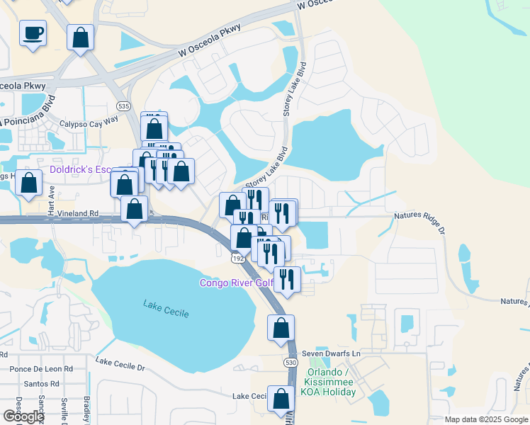 map of restaurants, bars, coffee shops, grocery stores, and more near 4700 Tribute trail in Kissimmee
