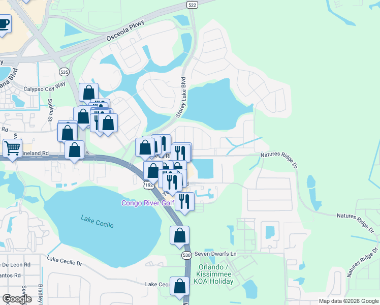 map of restaurants, bars, coffee shops, grocery stores, and more near 4664 Tribute Trail in Kissimmee