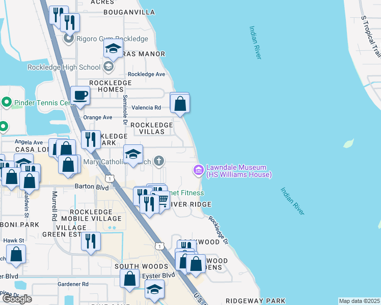 map of restaurants, bars, coffee shops, grocery stores, and more near 1101 Rockledge Drive in Rockledge