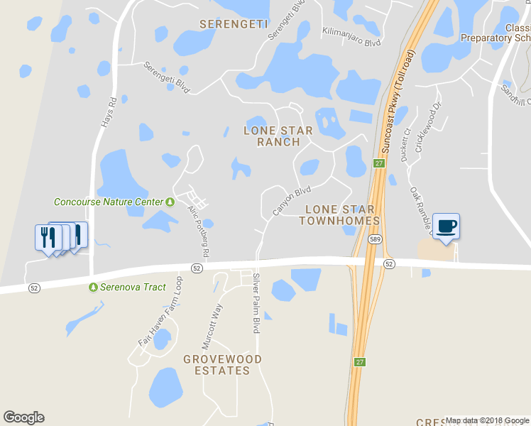 map of restaurants, bars, coffee shops, grocery stores, and more near 12044 Deertrack Loop in Spring Hill