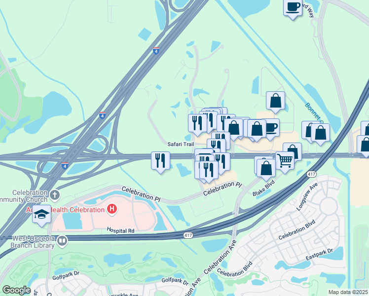 map of restaurants, bars, coffee shops, grocery stores, and more near 6365 West Irlo Bronson Memorial Highway in Kissimmee