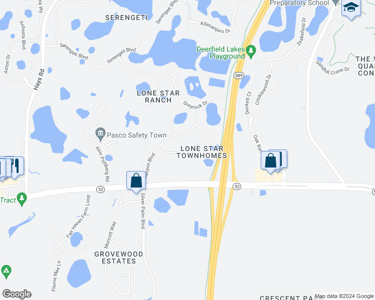 map of restaurants, bars, coffee shops, grocery stores, and more near 15743 Stable Run Drive in Spring Hill