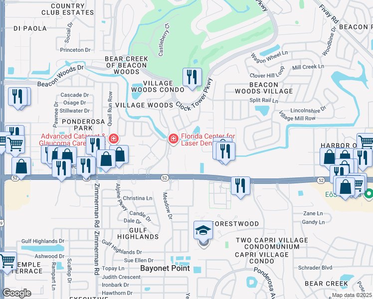 map of restaurants, bars, coffee shops, grocery stores, and more near 7927 State Road 52 in Hudson