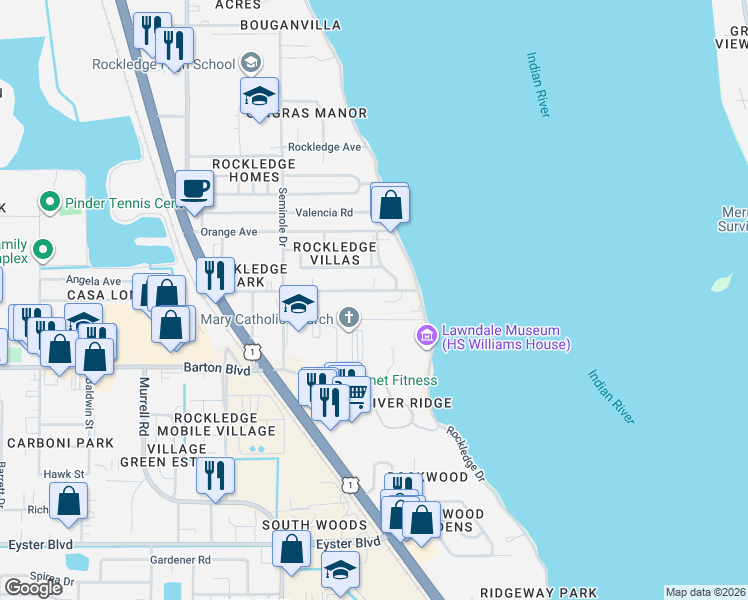map of restaurants, bars, coffee shops, grocery stores, and more near 27 Barton Avenue in Rockledge